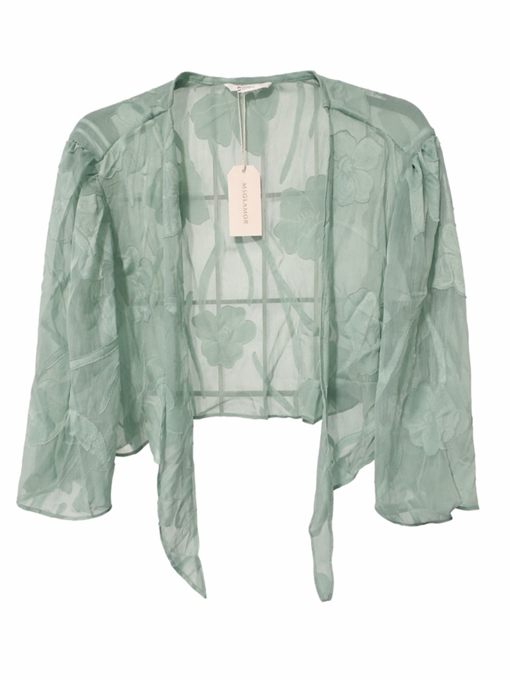 MSGlamor NWT Sage Green Sheer Floral Tie Front Top Cardigan XXL Boho Romantic - Picture 4 of 5